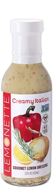 LEMONETTE Sugar Free, Low Cal, Low Fat Salad Dressing: Creamy Italian 1 Gourmet 12oz bottle- Keto, Sugar Free,Gluten Free, Vinegar Free, Soy Free, Dairy Free, Canola Free, Vegan Certified