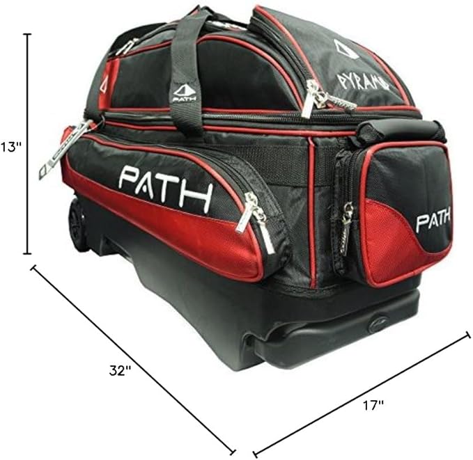 Pyramid Path Triple Premium Deluxe Roller Bowling Bag With Extra Large Separate Shoe Compartment (Up To US Mens Size 16) and 5 Accessory Pockets, 5" Wheels, Retractable Locking Handle - Extends to 42"
