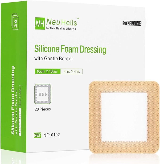 NeuHeils Silicone Foam Dressing with Gentle Border 4''x4'', 20 Pack for Bed Sore Leg Ulcer, High Absorbency Large Waterproof Silicone Wound Bandage