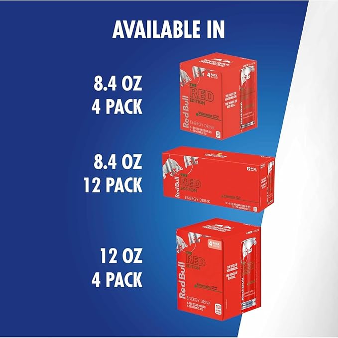 Red Bull Red Edition Energy Drink, Watermelon, with 80mg Caffeine plus Taurine & B Vitamins, 8.4 Fl Oz, 6 Packs of 4 Cans (Pack of 24)