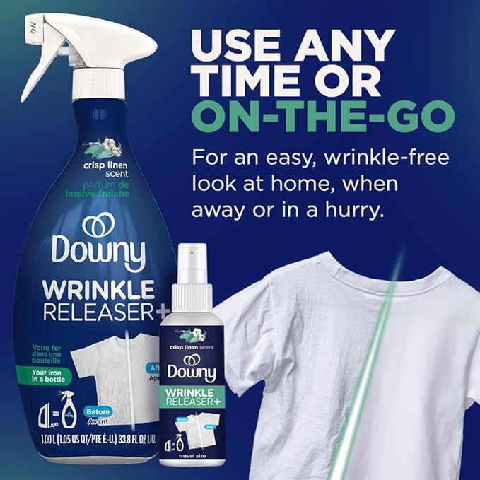 Downy Wrinkle Release Spray, Travel Size Spray, All In One Formula, Removes Wrinkles, Static and Odor Eliminator, Crisp Linen Scent, 3 Fl Oz, Pack of 3