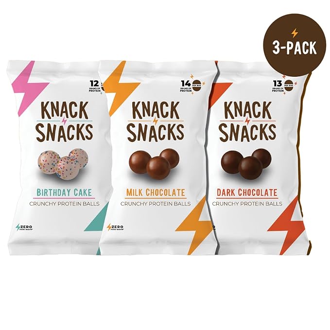 Knack Snacks | Snack Pack | Crunchy Protein Balls - Variety Pack (3x 1.2oz Bags) | Lunchbox Ready, High Protein, Naturally Gluten Free, Lower Sugar, Snack for School, Work, Travel, Parties, Gaming