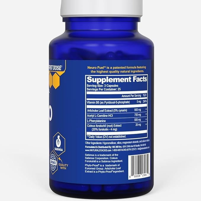 NATURAL STACKS NeuroFuel Nootropic Brain Support Supplement - 750mg L-Carnitine & 500mg L-Phenylalanine - Brain Supplement for Memory and Focus* - 75 Focus Pills