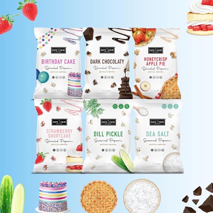Safe + Fair Birthday Cake Drizzled Popcorn - Gluten-Free, Dairy Free and Vegan Snack - Free From Top 9 Allergens and Artificial Ingredients – Non GMO, Plant Based Kettle Popped Corn, 5.5oz, 6 Pack