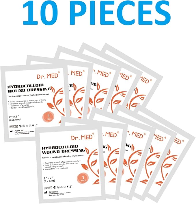 Dr. Med Hydrocolloid Wound Dressing 2"x2"-10 Pack/Box, Waterproof Adhesive Bordered Bandage, for Light Exudate, Abrasions, Pressure Ulcer, Bed Sore, Superficial Wound Care