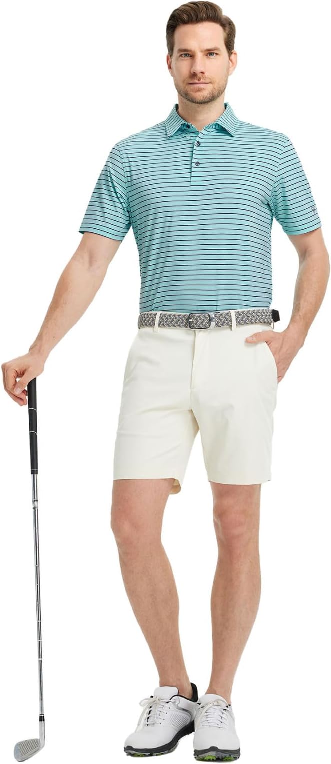 M MAELREG Golf Shirts for Men Moisture Wicking Striped Polo Performance Dry Fit Business Sports Mens Polo Shirts Short Sleeve