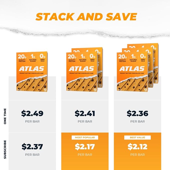 Atlas Protein Bar – 20g Clean Protein, 1g Natural Sugar, No Seed Oils, Gluten Free, No Artificial Sweeteners, Peanut Butter Chocolate Chip, 12 Count