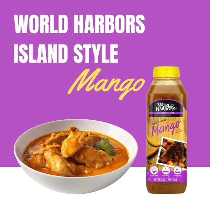 World Harbors Island Mango Sauce & Marinade - Low-Calorie, Sweet & Tangy Perfect Sauce for Chicken, Fish, Beef, Wings, Dipping, Stir-Frying, Salad Dressing. Made in USA 16-Fl Oz Bottle (Pack of 6)