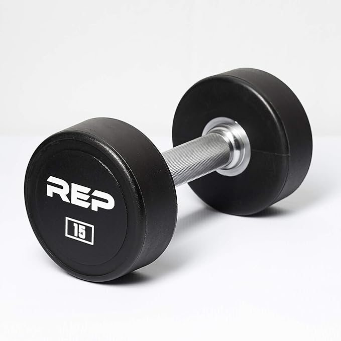 REP Fitness Urethane Coated Round Dumbbells, 5 to 100 lbs, Singles or Pairs, With or Without Rack, Steel Core, Rubber Encased, Chrome Handles, Professional Weights for Home Gym Strength Training