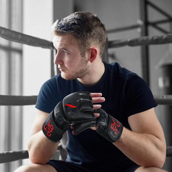 MMA Gloves Grappling Sparring, Maya Hide Leather, Boxing Gloves Muay Thai Martial Arts Training, Half Finger Adjustable Mitts Wrist Support Kickboxing Cage Fighting Punching Bag Workout