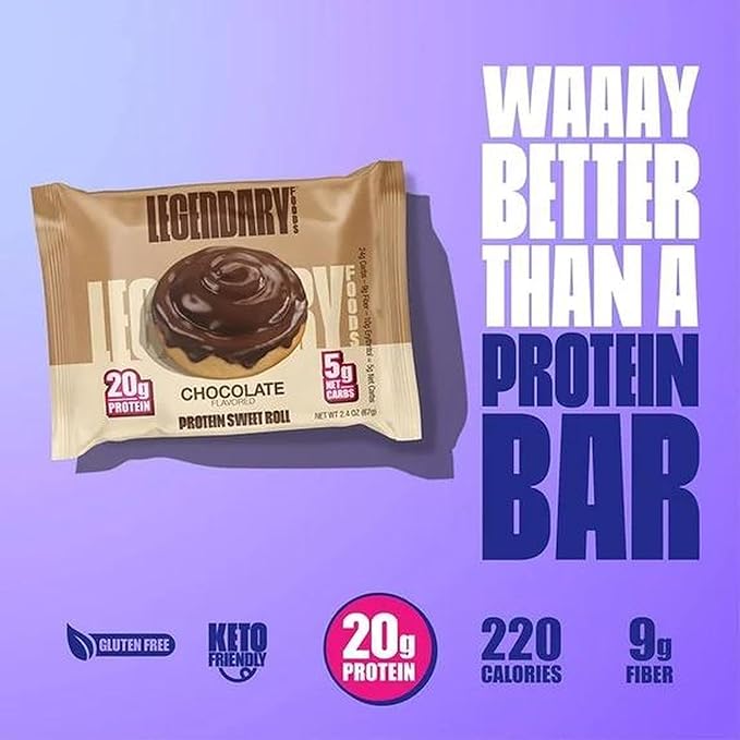 Legendary Foods 20g Protein Chocolate Sweet Roll - Premium High Protien Bars, Low Carb Meal Replacement Snack, Low Glycemic Index, Gluten Free Snacks - Zero Sugar, Keto and Diabetic Friendly 4-Pack