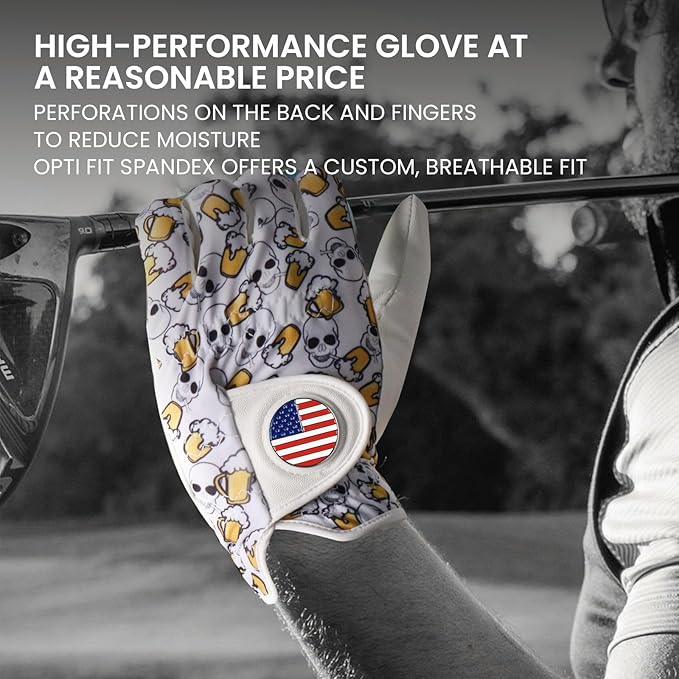 FINGER TEN Golf Gloves Men Left Hand Right with Ball Marker USA Flag Blue Camo Plaid Pack, Mens Leather Golf Glove All Weather Grip Small Medium ML Large XL