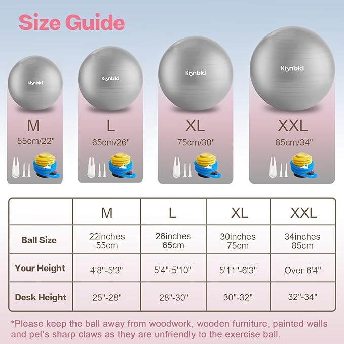 Exercise Ball, Extra Thick Yoga Ball for Workout Pregnancy Stability, 4 Sizes Anti-Burst Balance Ball with Foot Pump - Heavy Duty Fitness Ball Chair for Office, Home & Gym