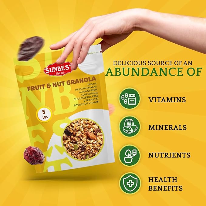 Sunbest Natural Fruit & Nut Granola – 5 lb Bulk Bag – Crunchy Oats, Raisins & Pumpkin Seeds – Non-GMO, Kosher – Perfect for Snacking, Breakfast & Baking