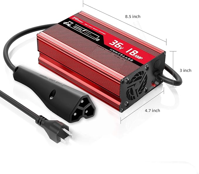 36V Golf Cart Battery Charger for EZGO RXV & TXT - 3-Pin Triangular Plug, 18 AMP, Trickle Charger Tech, 4-6H Fast Charge, 16FT Cord, Aluminum Shell