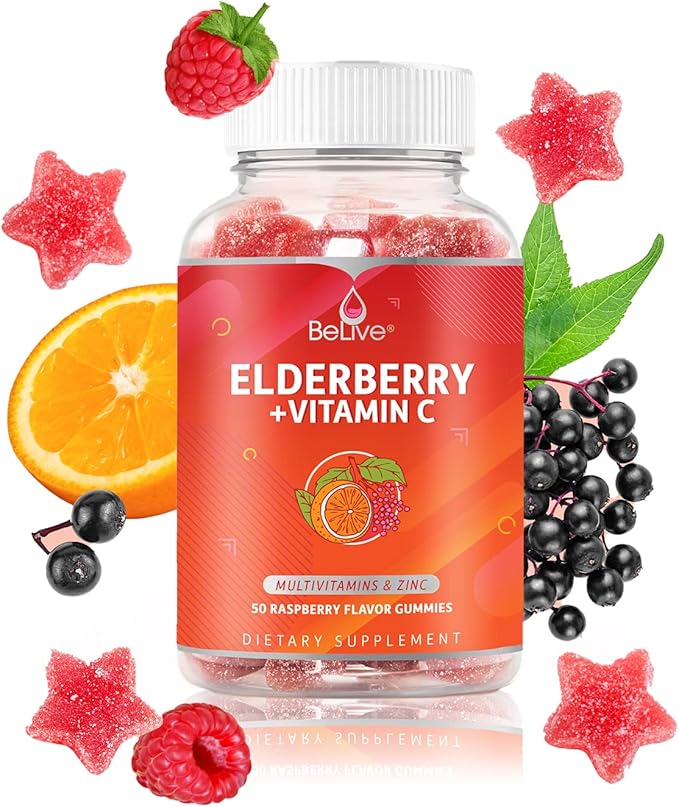 BeLive Elderberry Gummies with Zinc and Vitamin C - Immune Support Supplement with Vitamin D, A, E, B12 - Gummies for Healthy Bones & Teeth, Vegan, Keto & Non-GMO - Raspberry Flavor | 2-Pack