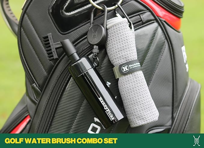 Handy Picks Golf Club Cleaner with Water Bottle Holds 5.5 OZ, Heavy Duty Metal Retractable Magnetic Clip, Waffle Microfiber Golf Towel, Ideal Water Brush Combo