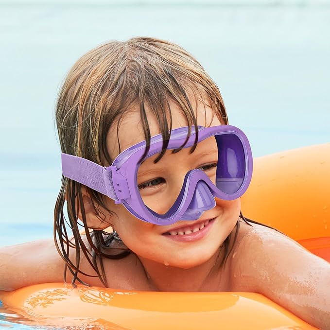 Kids Swim Goggles 180° Snorkel Diving Mask with Nose Cover, Anti-Fog Kids Swimming Goggles with Elastic Fabric Strap for Kids Boys Girls