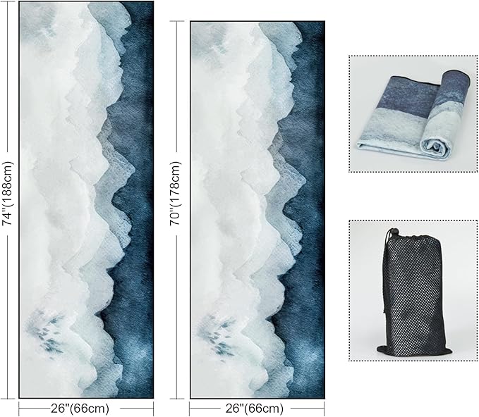 QIYI Large Yoga Mat Towel with Corner Pockets, Non Slip Sweat Absorbent Hot Yoga Towels, Soft Yoga Blankets with Travel Bag, Skidless Mat Cover for Workout, Gym, Fitness - 74"x26", Watercolor Mountain
