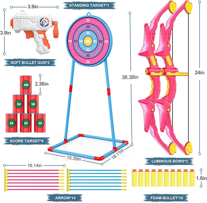 2 Pack Kids Bow and Arrow Set, Pink Light Up Archery Toy Set, 2 Foam Dart Blaster & 6 Target Cans Toys for Ages 5-7, Kids Indoor Outdoor Birthday Gifts Ideas for Boys Girls 4 5 6 7 8 9 10 Year Old