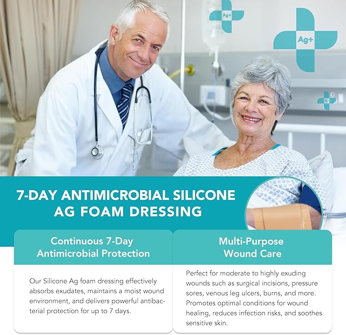 Silicone Foam Dressing Ag Sterile Wound Bandage with Waterproof Gentle Silicone Adhesive Border (5 Packs), 4"x 4" Breathable Ultra Absorbent Pads (4x4 Inch (Pack of 5))