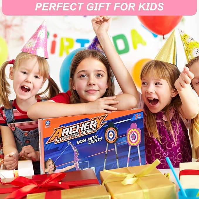 2 Pack Bow and Arrow Toy for Kids 3-8-12, LED Light Up Archery Set with Shooting Game Toy & Standing Target for Boys and Girls Age 5 6 7 8 9 10 11+, Indoor Outdoor Activity Toys for Birthday