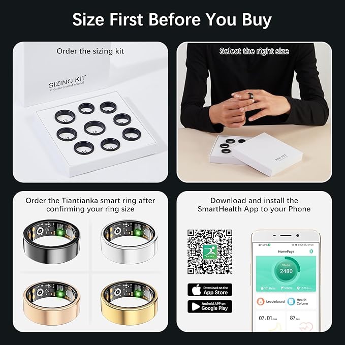 Ring Health Tracker for Women Men, Fit Ring with Heart Rate, Blood Oxygen, Sleep Monitor, Calories, Step Counter, IP68 Waterproof Smart Ring for iPhone & Android, No Subscription Fee (Rose Gold, 12#)