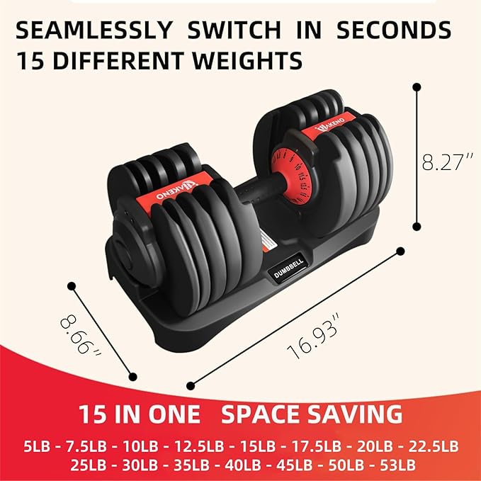 15 Weight in 1 Adjustable Dumbbell 53LB with Fast Automatic Adjustable and Weight Plate for Body Workout Home Gym (24kg/53lb)2pcs