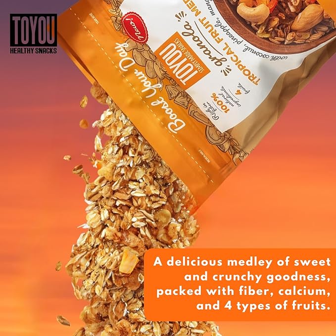 ToYou Snacks Granola, Fruit and Granola Cereal, | Tropical Fruit Medley - 12 Ounce (Pack of 1) | Gluten Free, Plant Based, Vegan, Healthy Snacks for Adults and Kids, Breakfast Cereal with Protein and Fiber