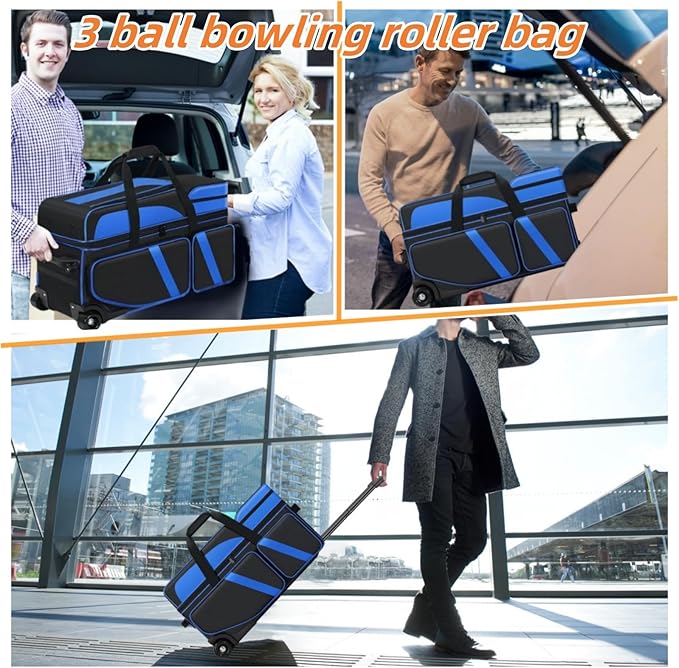 3 Ball Bowling Bags With Wheels,Bowling Bags 3 Ball Roller With Shoes Compartment And Multiple Pockets,3 Ball Bowling Bag has Retractable Handle Extends to 41.5 in