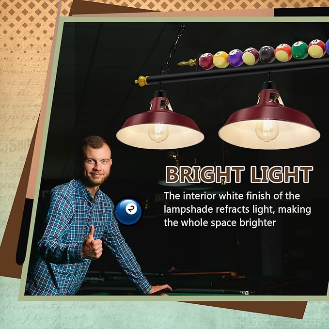3 Lights Adjustable Pool Table Lights for 7'-8' Billiard Light Hanging Pool Table Light Fixture Lighting Pendant Lamp with Metal Shades for Game Rooms, Bulb Not Included(Burgundy Red)