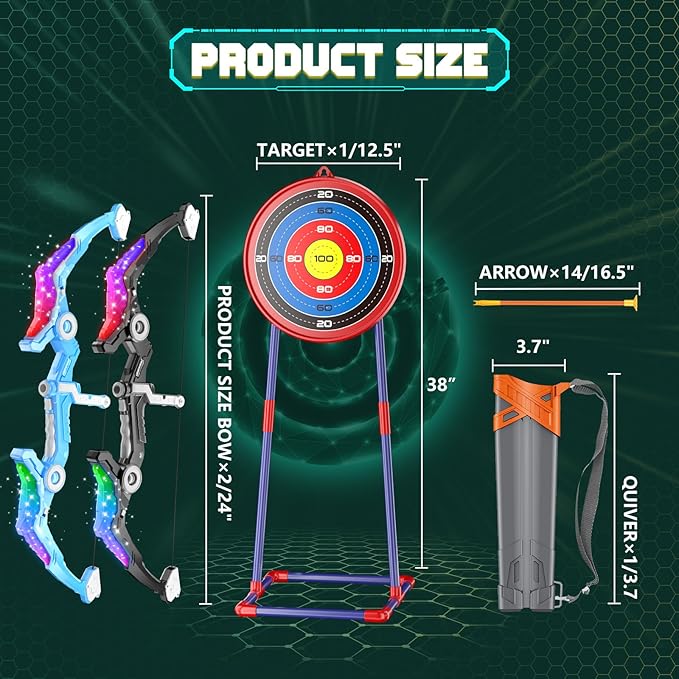 2 Pack Upgraded Kids Bow and Arrow Sets with Sound Effects&Color-Changing LED Flash Lights, Achery set for 4 5 6 7 8 9 10 11 12 Year Old, Indoor Outdoor Toys for Ages 5-7 8-13 Boys Girls(Blue&black)
