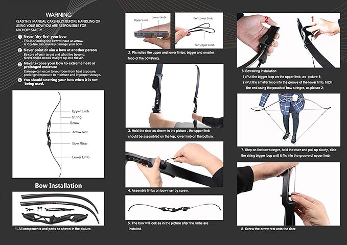 TOPARCHERY Archery 56" Takedown Hunting Recurve Bow Metal Riser Right Hand Black Longbow