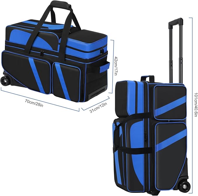 3 Ball Bowling Bag with Wheels, Bowling Bag 3 Ball Roller with Shoe Compartment (Fits Up to Size 16), with Multi-pocket and Retractable Handle Extends to 41.5"