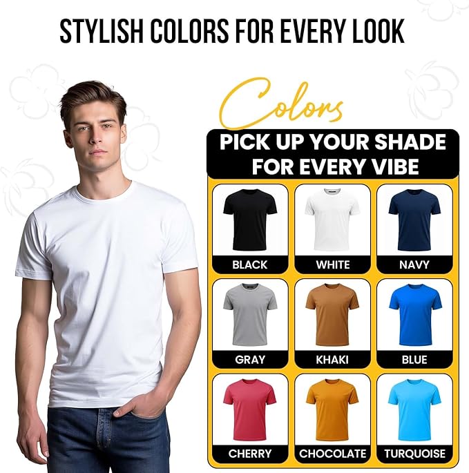 Men's Short Sleeve Crewneck T-Shirt 100% Cotton - Classic Colors - Breathable Mesh Fabric - Ideal for Sports & Everyday Wear