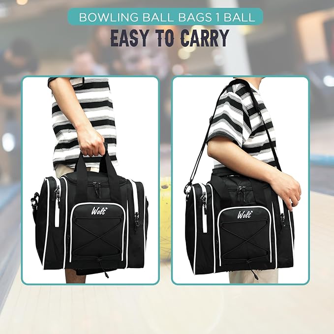 WOLT Bowling Ball Bag for Single Ball - Bowling Ball Tote Bag with Padded Ball Holder, 2 Pockets fit Bowling Shoes Up to Mens Size 14 and Accessories