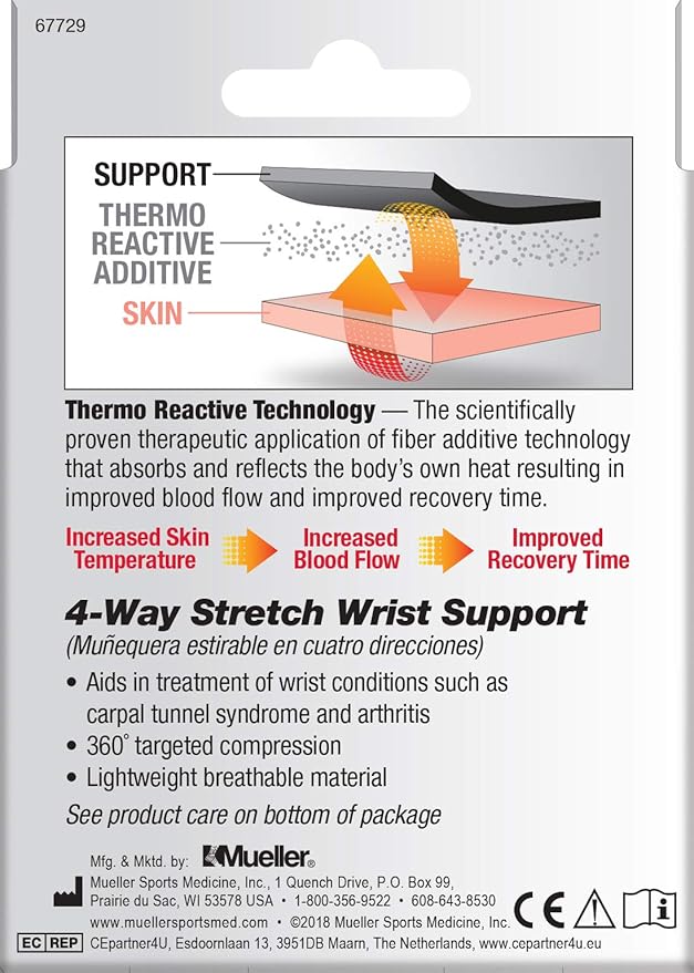 MUELLER Sports Medicine FIR 4-Way Wrist Support, Wrist Pain Relief Support for Men and Women, Ideal for Carpal Tunnel, Tendinitis, Arthritis, Black/Blue