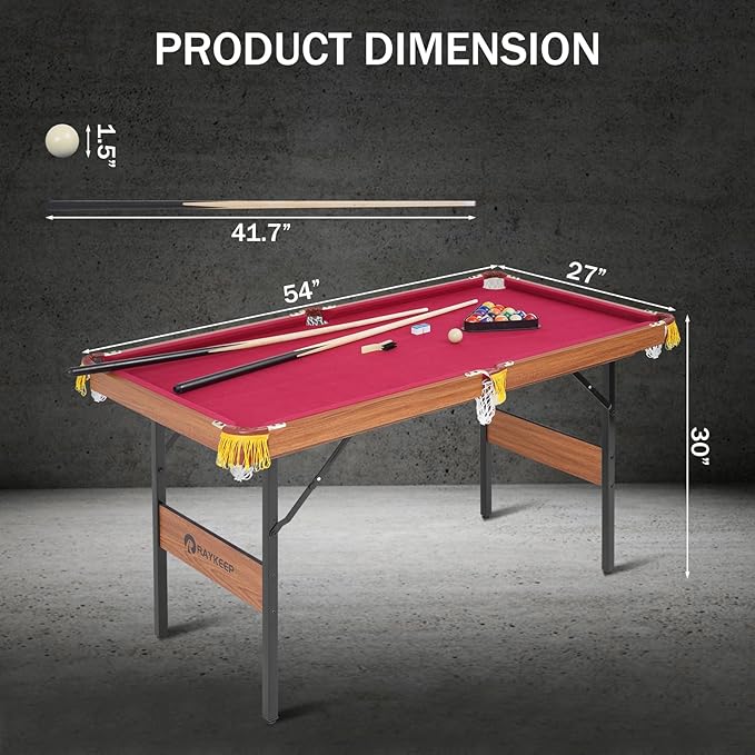 54" Portable Pool Table - Billiard Table for Kids & Adults with 2 Cues, Triangle Rack, Chalk & Brush - Compact Wooden Game Table for Home, Game Room, Indoor & Outdoor
