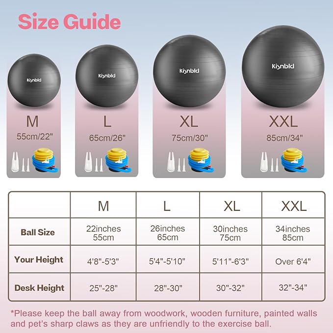 Exercise Ball, Extra Thick Yoga Ball for Workout Pregnancy Stability, 4 Sizes Anti-Burst Balance Ball with Foot Pump - Heavy Duty Fitness Ball Chair for Office, Home & Gym
