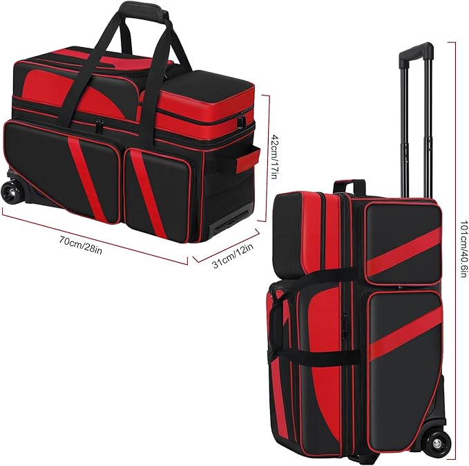 3 Ball Bowling Bag with Wheels, Bowling Bag 3 Ball Roller with Shoe Compartment (Fits Up to Size 16), with Multi-pocket and Retractable Handle Extends to 41.5"