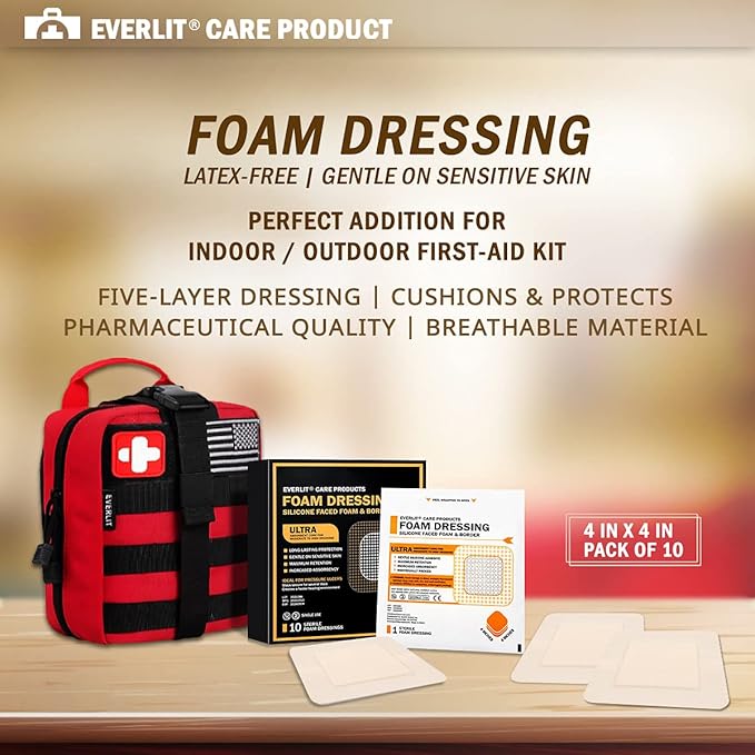 EVERLIT Care Silicone Foam Dressing with Adhesive Border | Highly Absorbent Hypoallergenic Bandages for Chronic Wounds, Bed Sores, Pressure Ulcers | Gentle & Secure Adhesion (4" x 4" | 10 Pack)