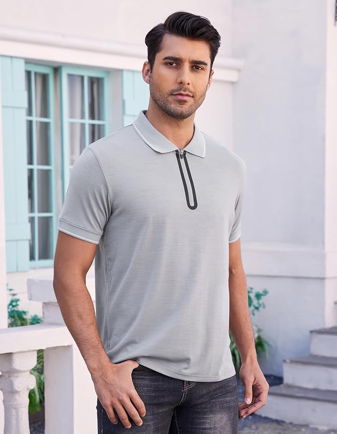 Merino Wool Polo Shirts for Men for Work Sport, Lightweight Breathable Moisture Wicking Mens Polo Shirt Short Sleeve