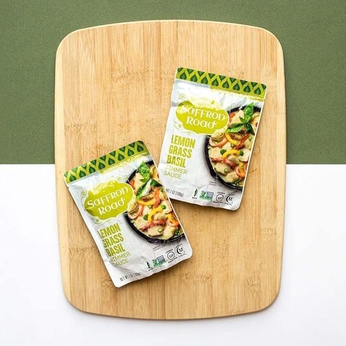 Saffron Road Lemongrass Basil Simmer Sauce | Globally Inspired Simmer Sauce | Gluten-free, Vegan, Non-GMO, and Certified Halal and Kosher | 7.0oz Pouch | Pack of 4