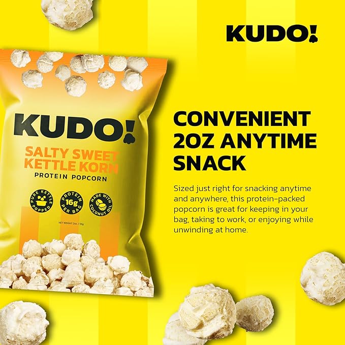 Kudo - Salty Sweet Kettle Korn - Protein Popcorn - Seed Oil Free, Gourmet Flavor, Mushroom Kernel, 8g Protein, Snack Anytime Anywhere - 2oz