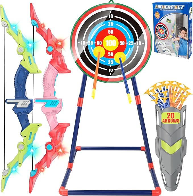 Bow and Arrow Set for Kids 4-12 Years Old, LED Light Up Archery Toy with 20 Suction Cup Arrows and Standing Target, Indoor Outdoor Activity Toys for Ages 4-6 8-13