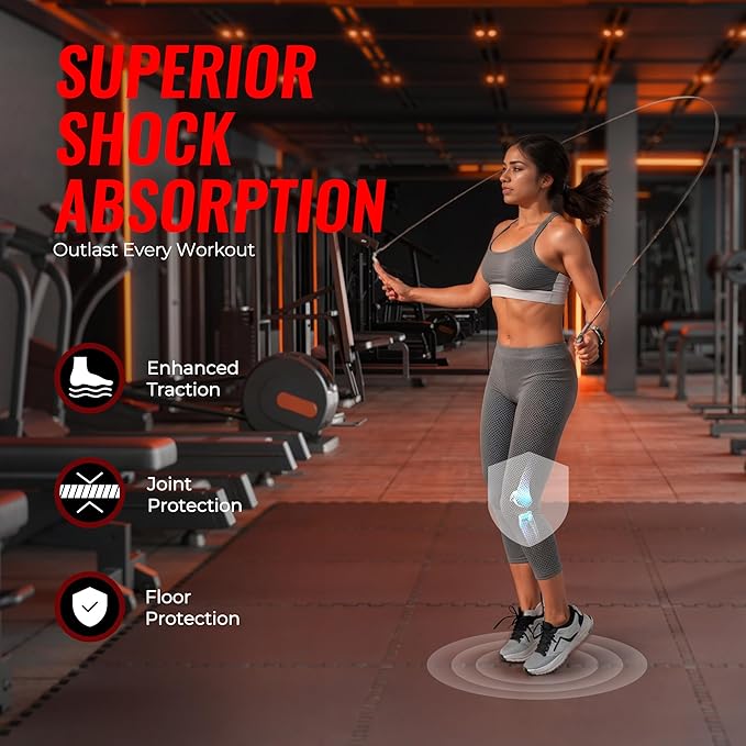SUPERJARE 0.56'' Thick 24 Pcs 96 Sq Ft Rubber Top Exercise Equipment Mats, High Density EVA Foam Mats with Rubber Top, Interlocking Gym Flooring for Home Gym, Protective Workout Mat, Black