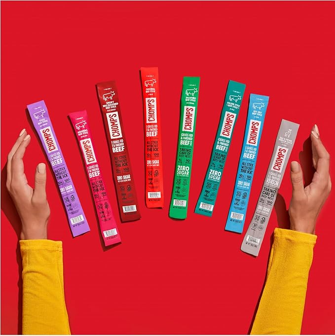 Chomps Grass-Fed and Finished Spicy Habanero Beef Jerky Snack Sticks 24-Pack - Keto, Paleo, Whole30, 10g Lean Meat Protein, Gluten-Free, Zero Sugar Food, Non-GMO