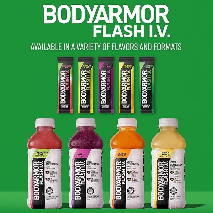 BODYARMOR Flash IV Electrolyte Packets, Strawberry Kiwi - Zero Sugar Drink Mix, Single Serve Packs, Coconut Water Powder (15 Count)