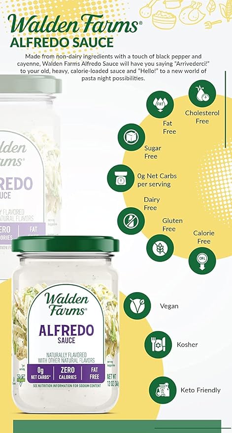 Walden Farms Alfredo Sauce – Zero Calorie, Sugar Free, Keto & No Carb Creamy Italian-Style Pasta Sauce – 2-Pack, 12 oz Bottles