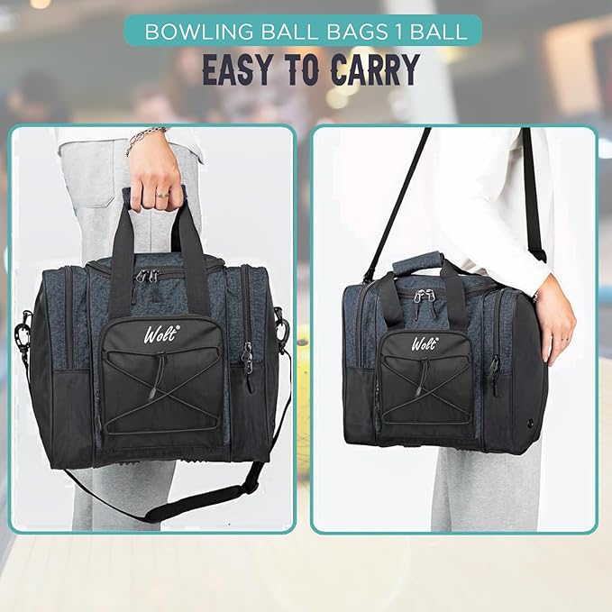 WOLT Bowling Ball Bag for Single Ball - Bowling Ball Tote Bag with Padded Ball Holder, 2 Pockets fit Bowling Shoes Up to Mens Size 14 and Accessories